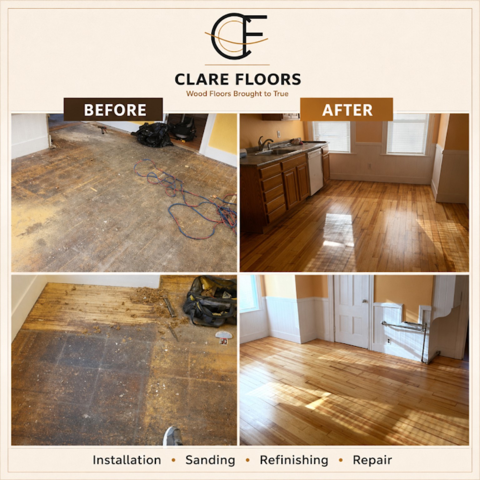 Clare Floors before and after hardwood floor restoration